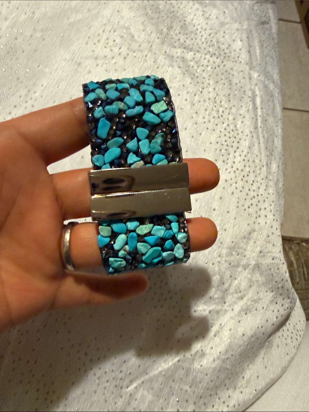 Taramanda Turquoise Stone Inlay Cuff Bracelet with Silver Clasp